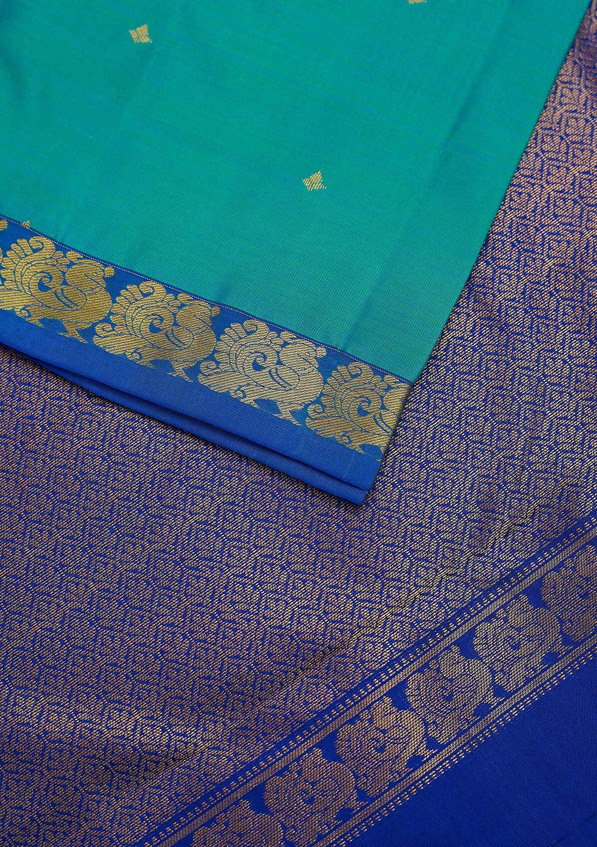 Sea Green Zariwork Pure Silk Designer Unstitched Saree - Koskii