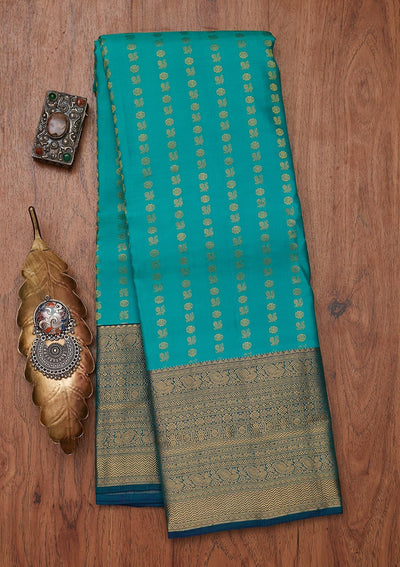 Sea Green Zariwork Pure Silk Designer Unstitched Saree - Koskii