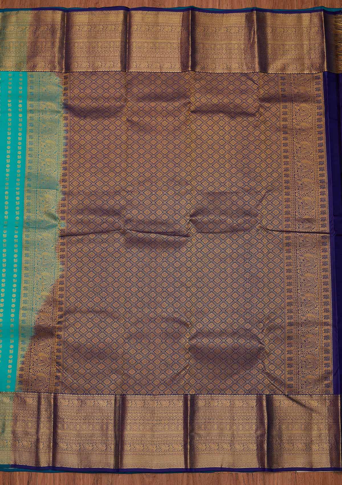 Sea Green Zariwork Pure Silk Designer Unstitched Saree - Koskii