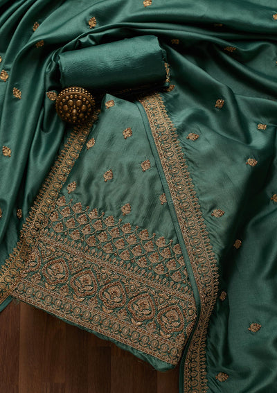 Sea Green Zariwork Raw Silk Unstitched Salwar Suit-Koskii