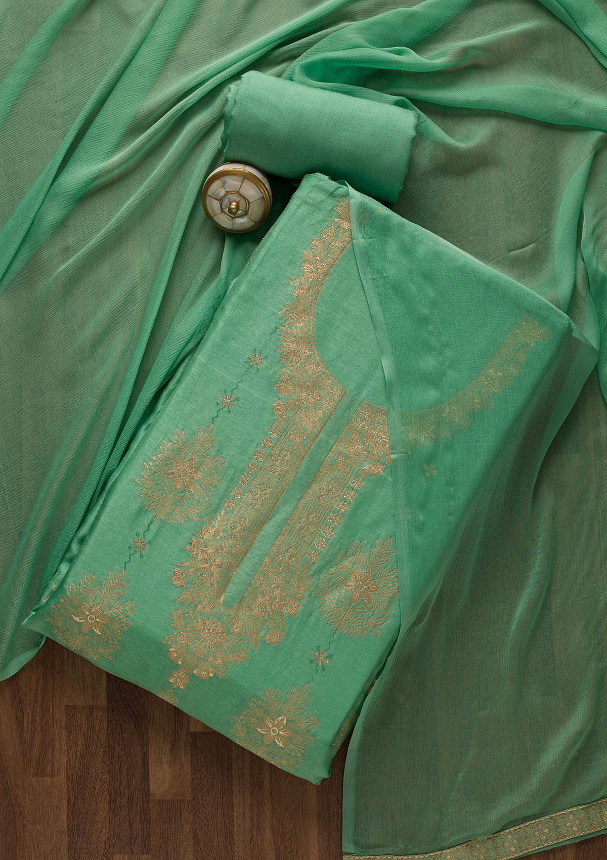 Sea Green Zariwork Semi Crepe Unstitched Salwar Suit-Koskii