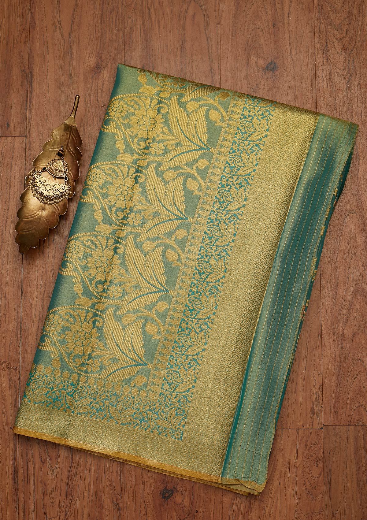 Sea Green Zariwork Tissue Designer Saree - koskii