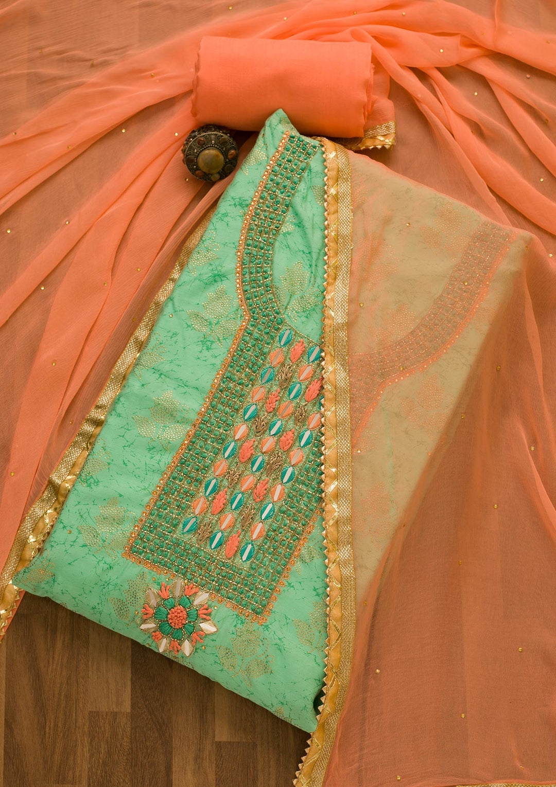 Sea Green Cutdana Semi Crepe Unstitched Salwar Suit-Koskii