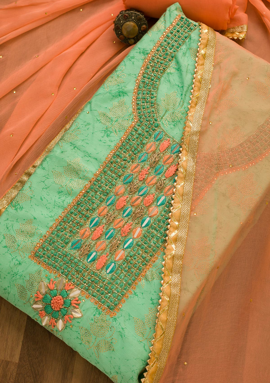 Sea Green Cutdana Semi Crepe Unstitched Salwar Suit-Koskii