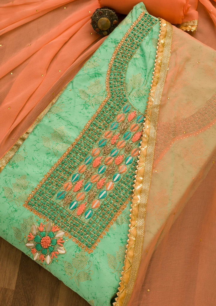 Sea Green Cutdana Semi Crepe Unstitched Salwar Suit-Koskii
