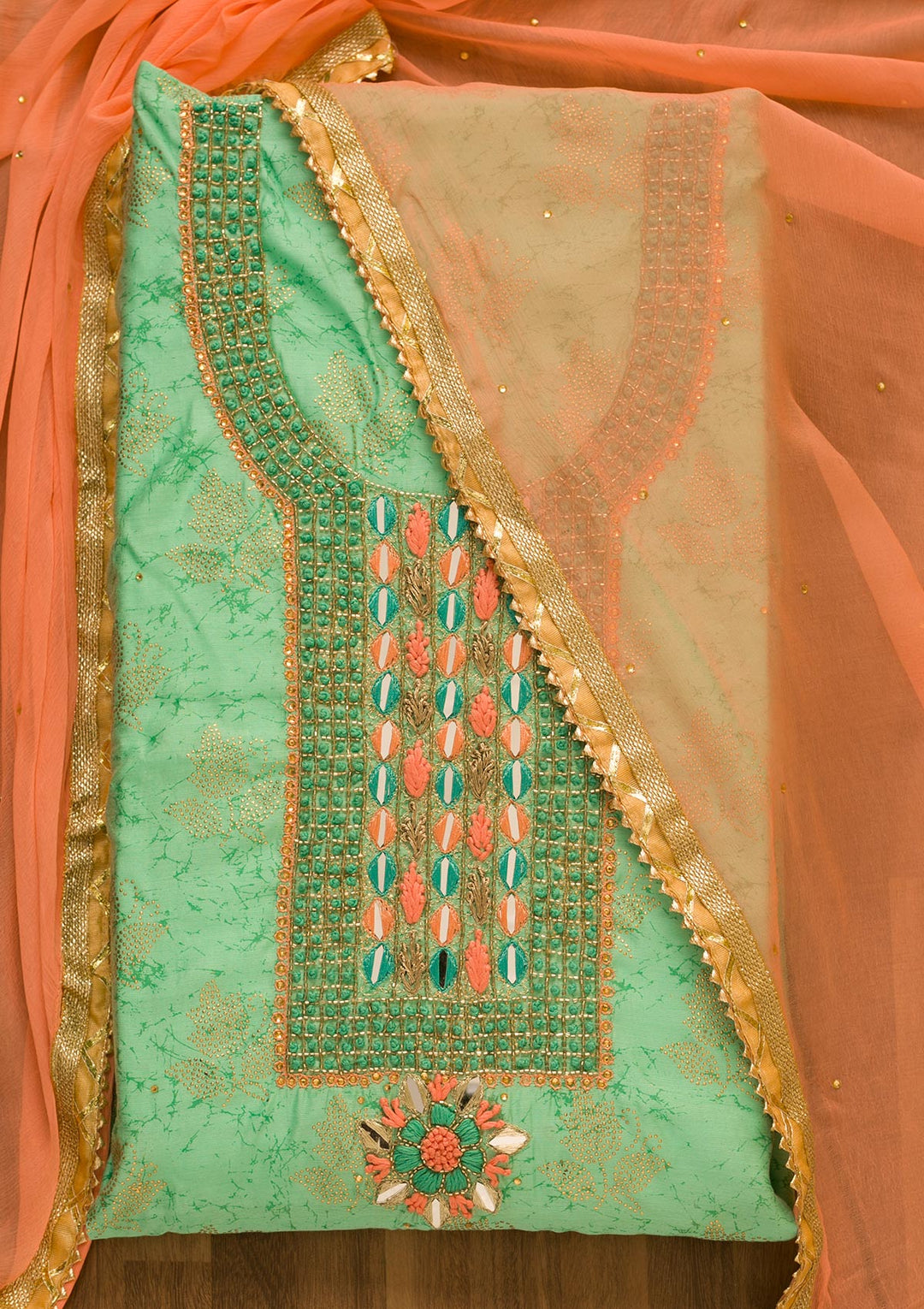 Sea Green Cutdana Semi Crepe Unstitched Salwar Suit-Koskii