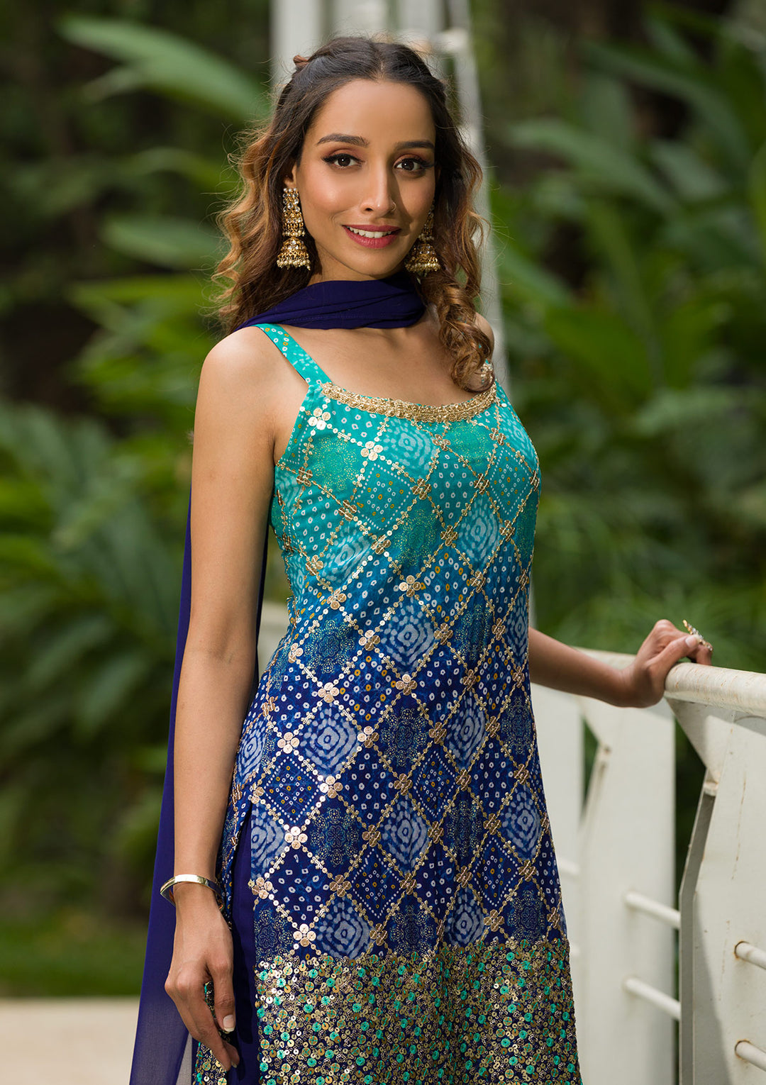 Sea Green Sequins Georgette Readymade Salwar Suit-Koskii