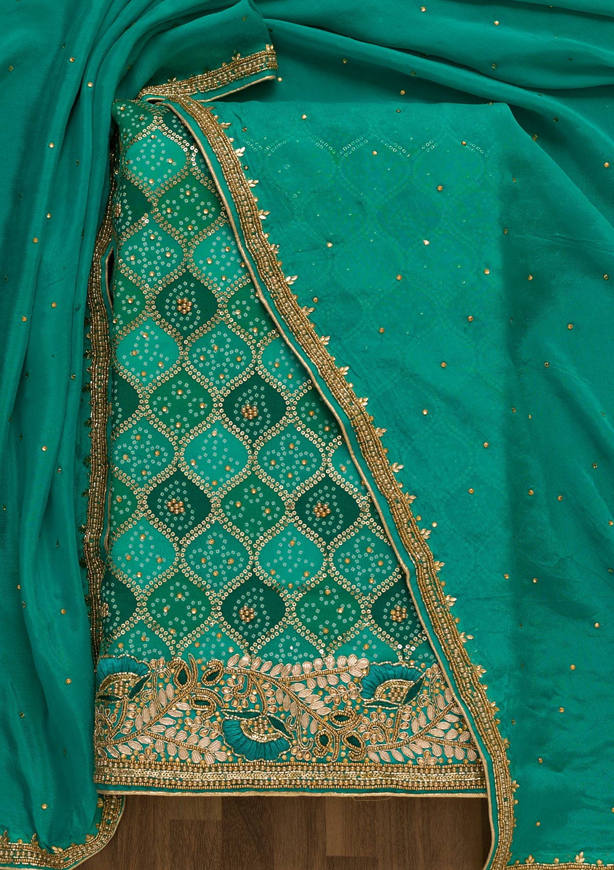 Sea Green Bandhani Print Georgette Unstitched Salwar Suit-Koskii