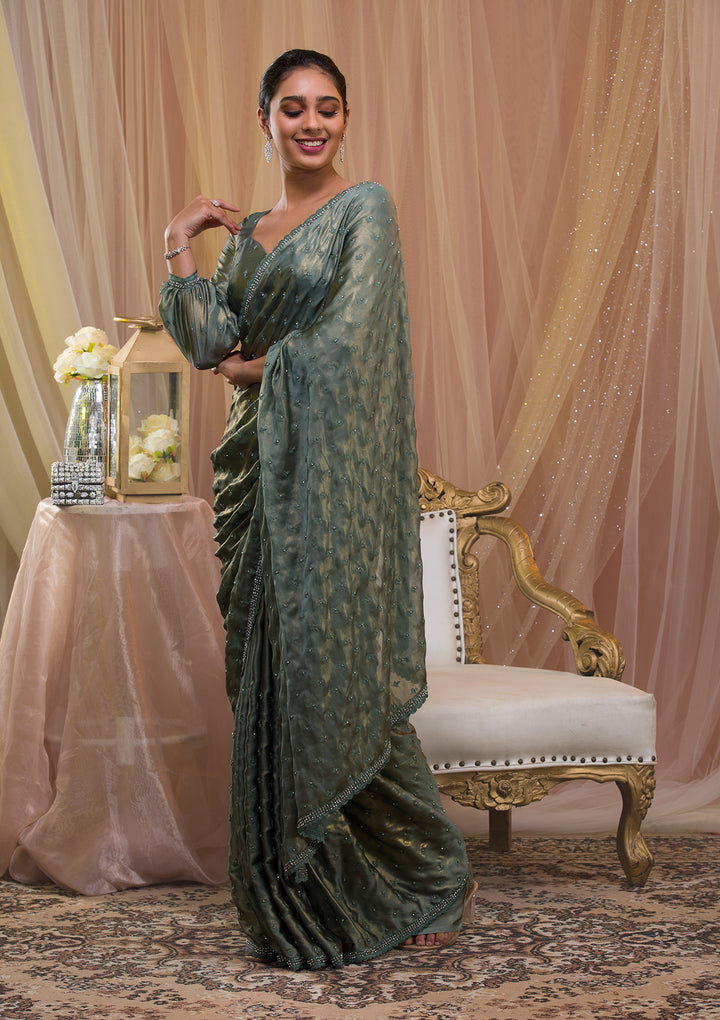 Sea Green Silver Stonework Crepe Saree-Koskii