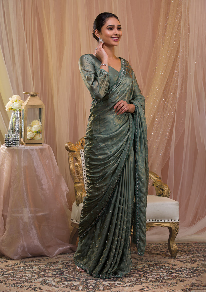 Sea Green Silver Stonework Crepe Saree-Koskii