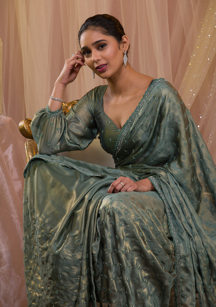Sea Green Silver Stonework Crepe Saree-Koskii