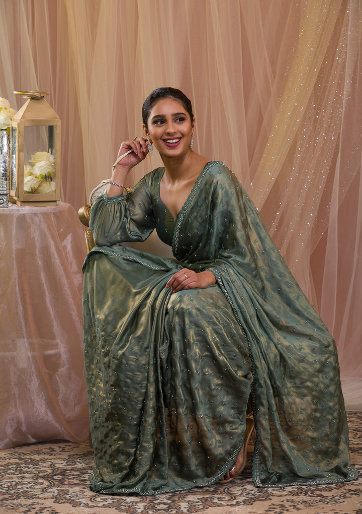 Sea Green Silver Stonework Crepe Saree-Koskii
