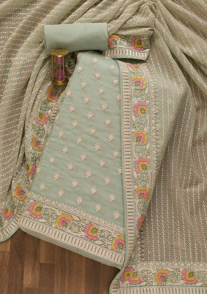 Sea Green Threadwork Chiffon Unstitched Salwar Suit-Koskii