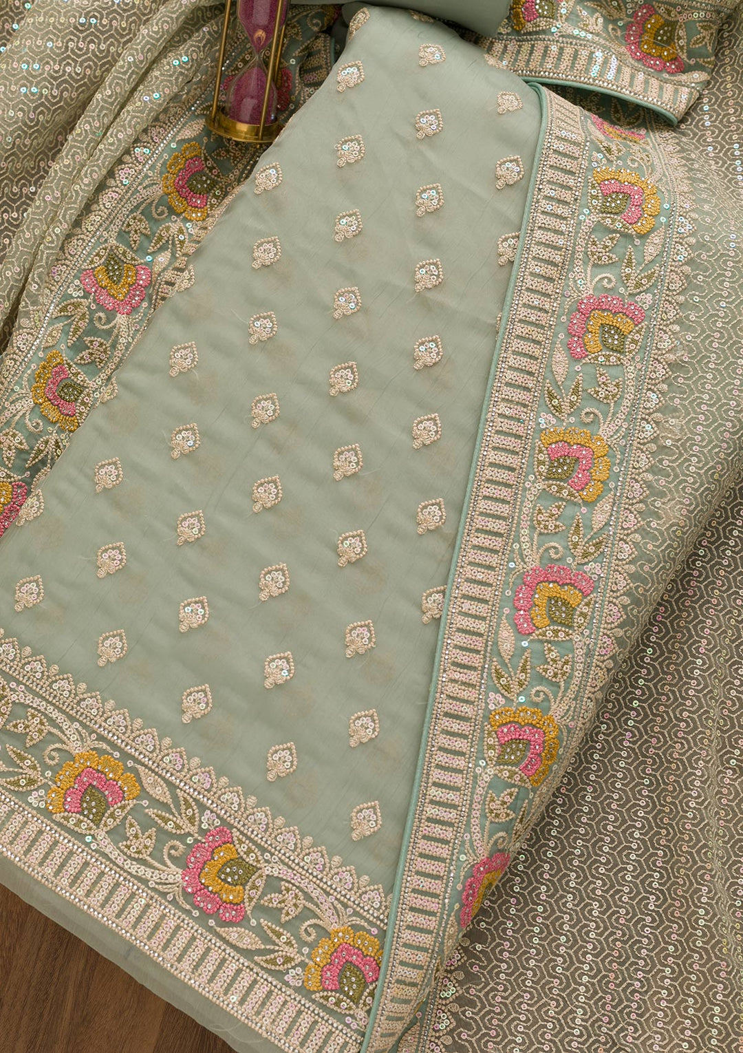 Sea Green Threadwork Chiffon Unstitched Salwar Suit-Koskii