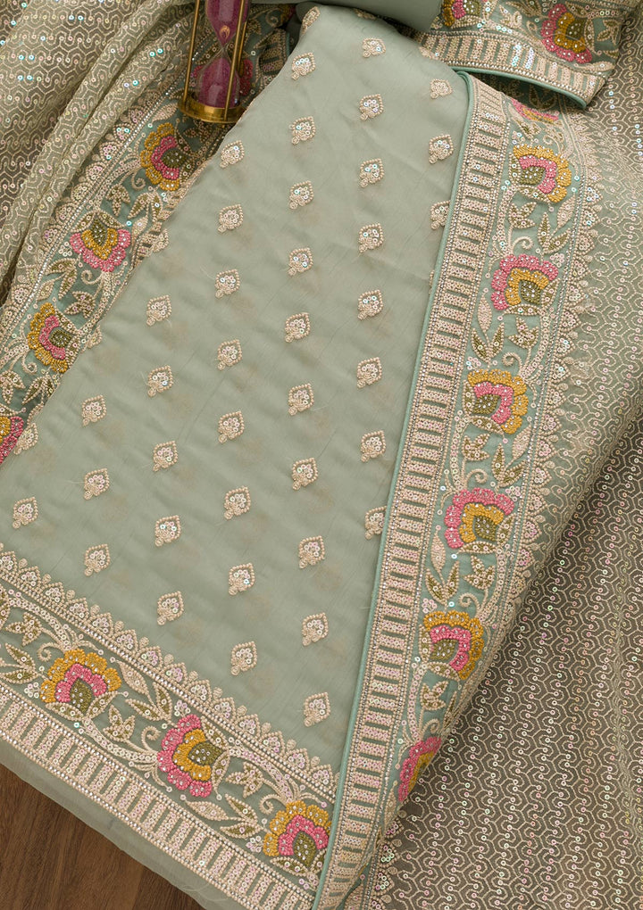Sea Green Threadwork Chiffon Unstitched Salwar Suit-Koskii
