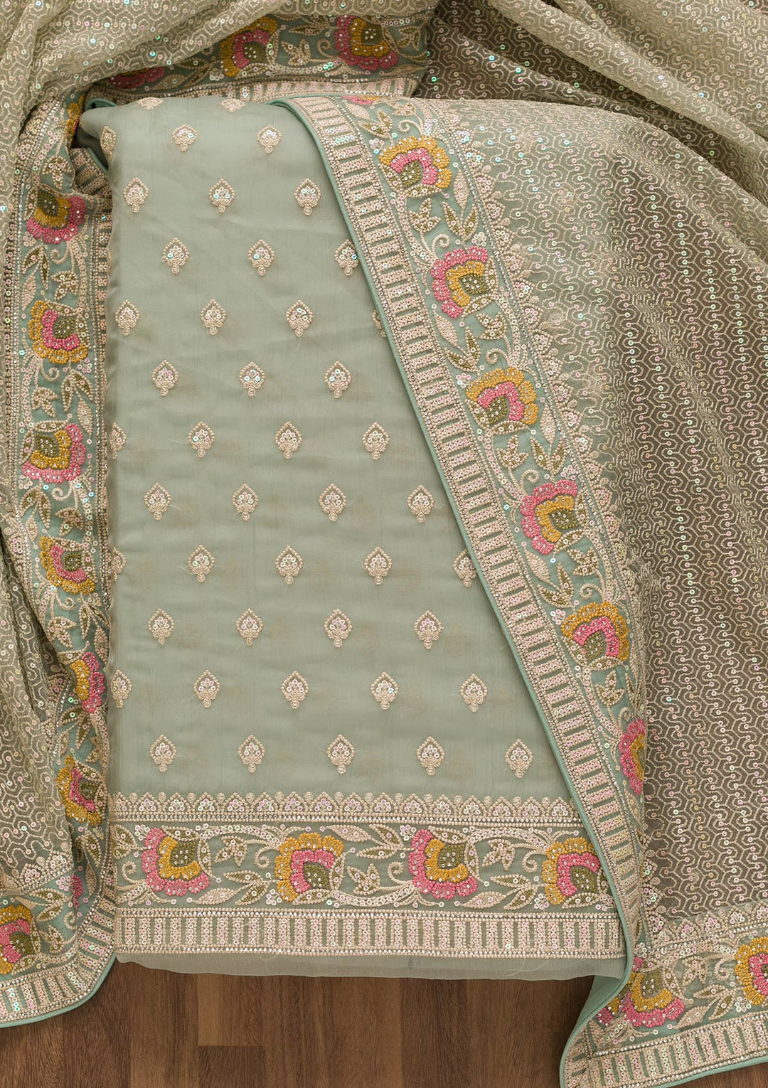 Sea Green Threadwork Chiffon Unstitched Salwar Suit-Koskii