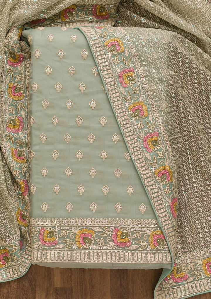 Sea Green Threadwork Chiffon Unstitched Salwar Suit-Koskii
