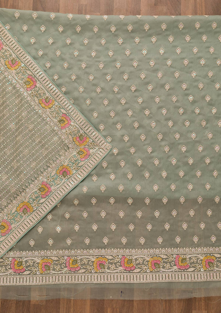 Sea Green Threadwork Chiffon Unstitched Salwar Suit-Koskii