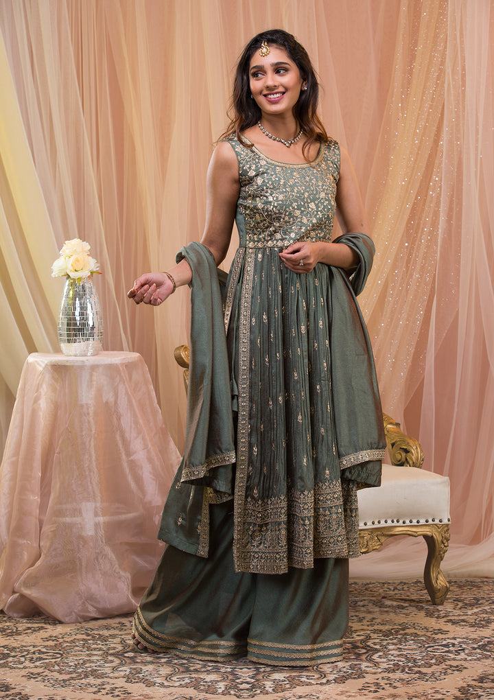 Sea Green Zariwork Art Silk Readymade Salwar Suit-Koskii