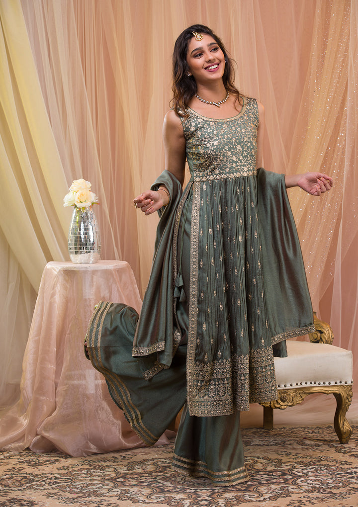Sea Green Zariwork Art Silk Readymade Salwar Suit-Koskii
