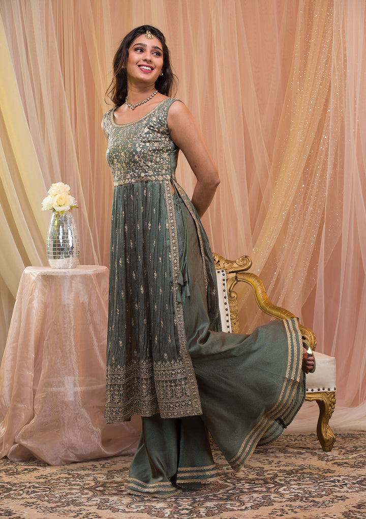 Sea Green Zariwork Art Silk Readymade Salwar Suit-Koskii
