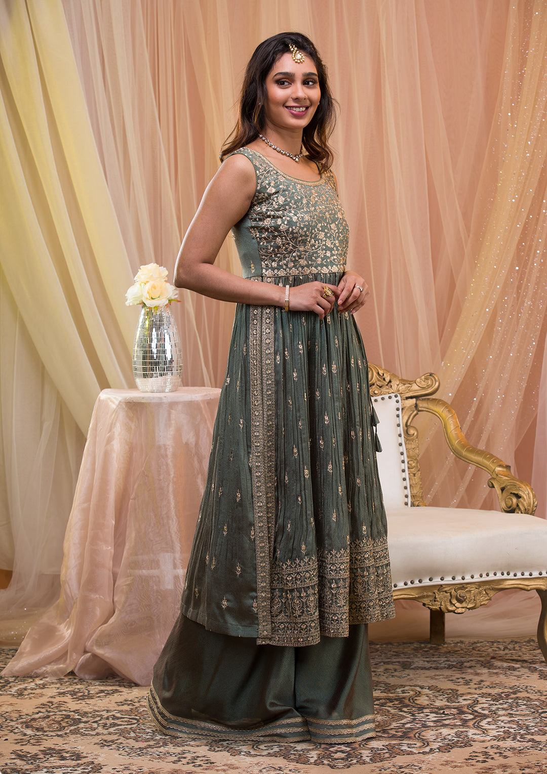 Sea Green Zariwork Art Silk Readymade Salwar Suit-Koskii