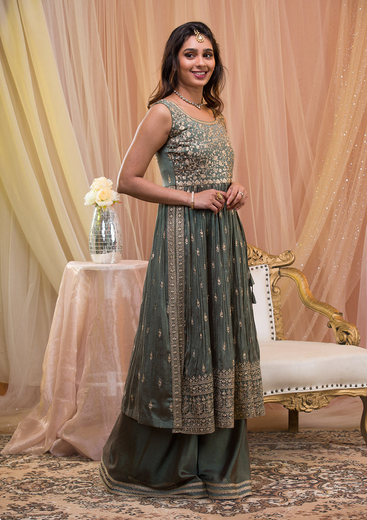 Sea Green Zariwork Art Silk Readymade Salwar Suit-Koskii
