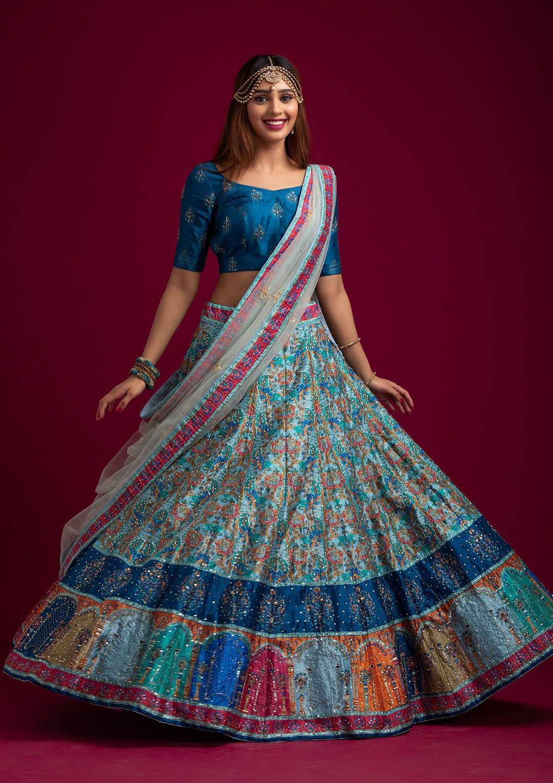 Sky Blue Cutdana Art Silk Designer Semi-Stitched Lehenga - koskii