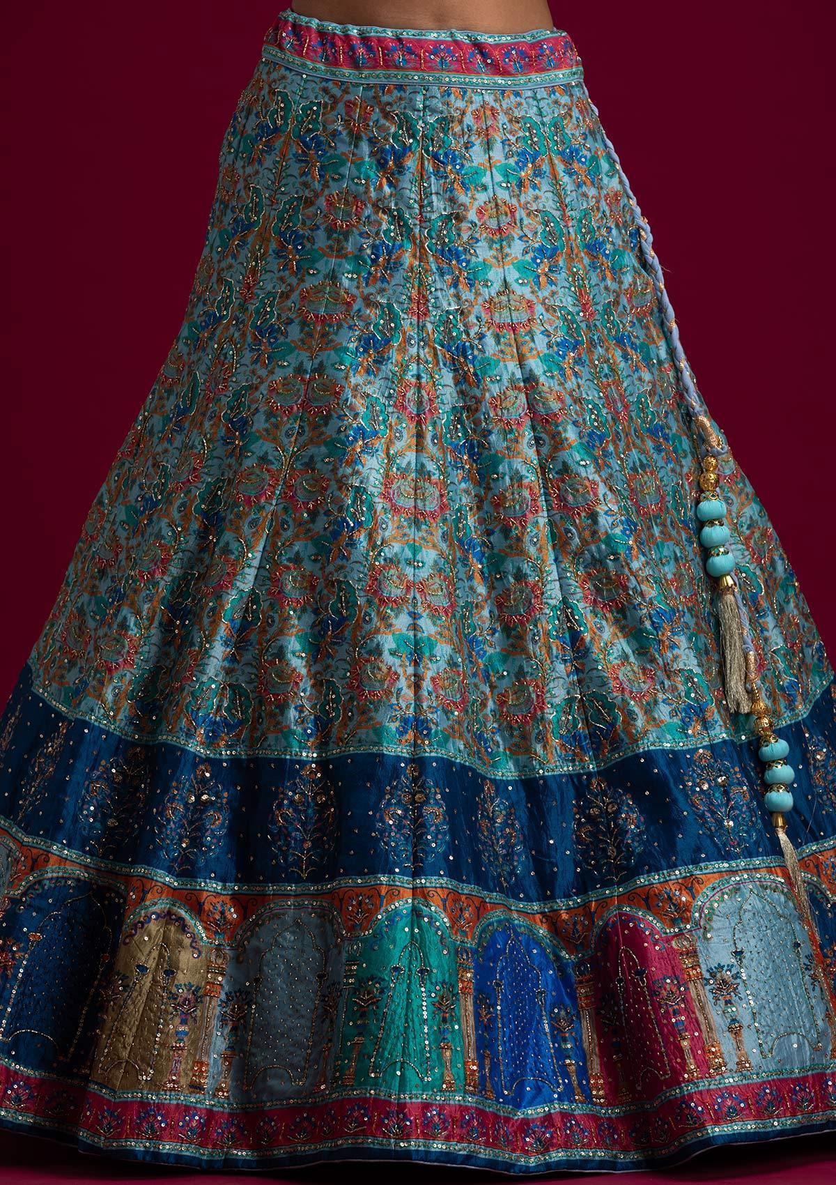 Sky Blue Cutdana Art Silk Designer Semi-Stitched Lehenga - koskii