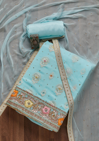 Sky Blue Cutdana Georgette Unstitched Salwar Suit- Koskii