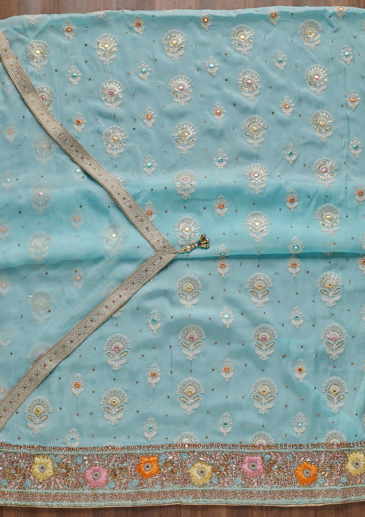 Sky Blue Cutdana Georgette Unstitched Salwar Suit - Koskii