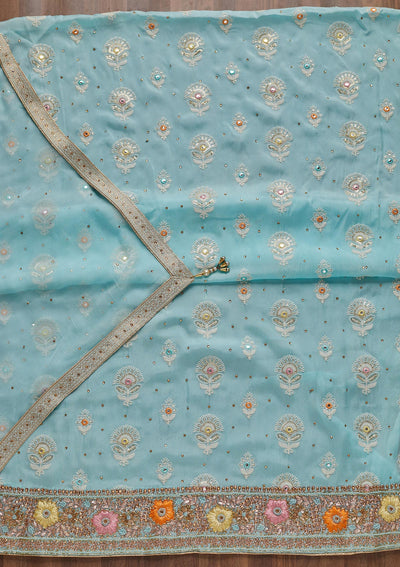 Sky Blue Cutdana Georgette Unstitched Salwar Suit - Koskii