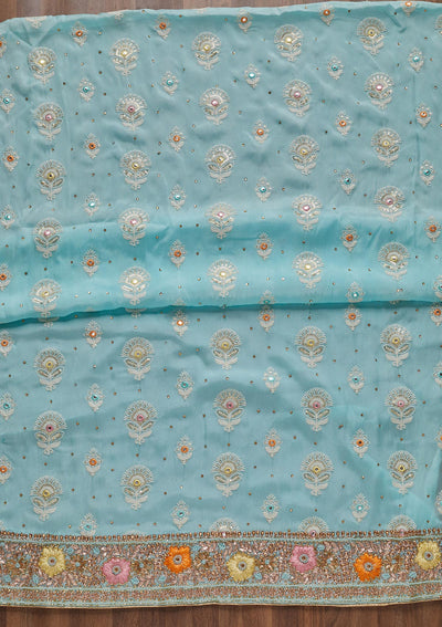 Sky Blue Cutdana Georgette Unstitched Salwar Suit - Koskii