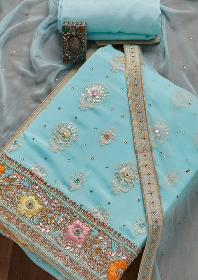 Sky Blue Cutdana Georgette Unstitched Salwar Suit - Koskii