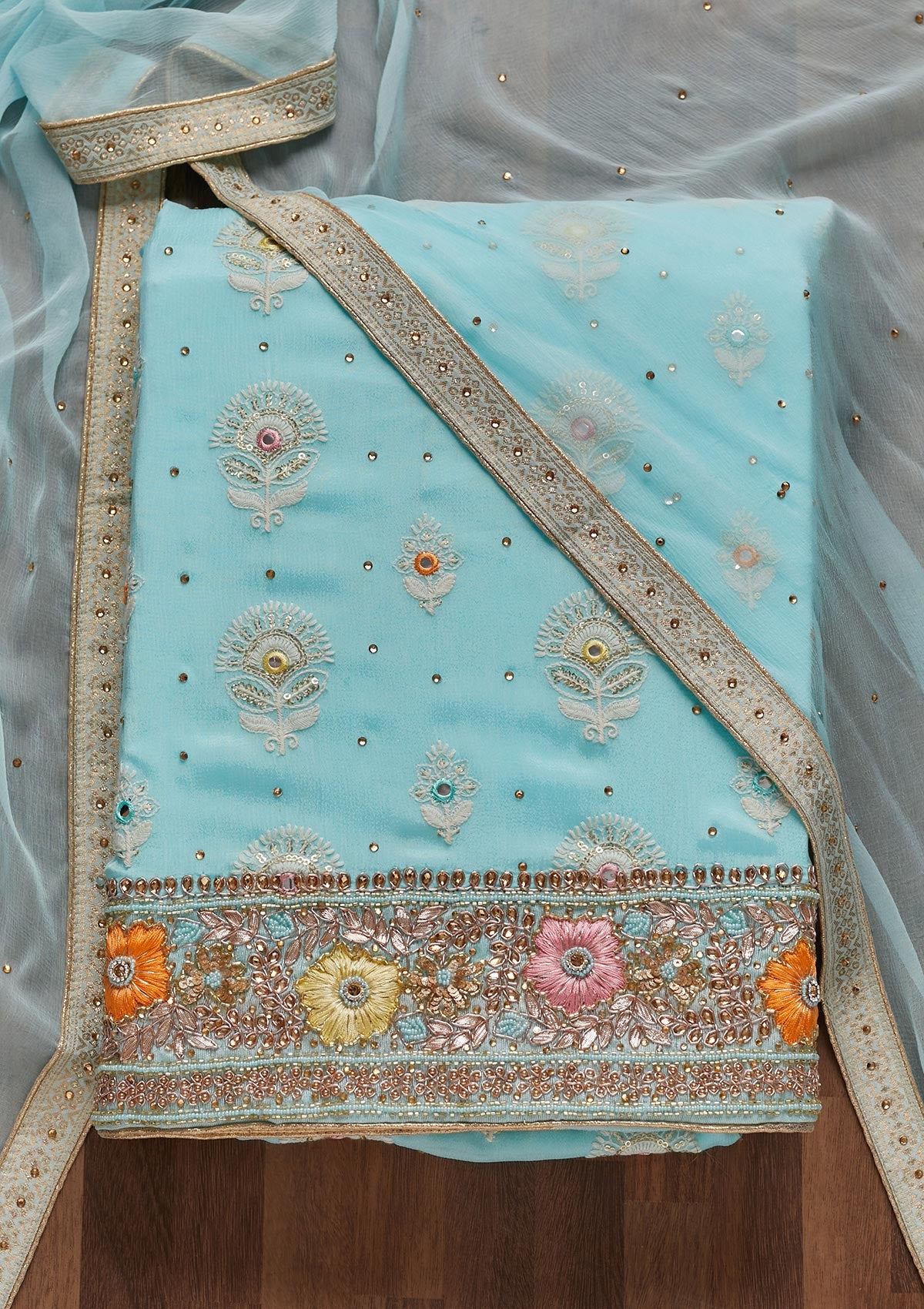 Sky Blue Cutdana Georgette Unstitched Salwar Suit - Koskii