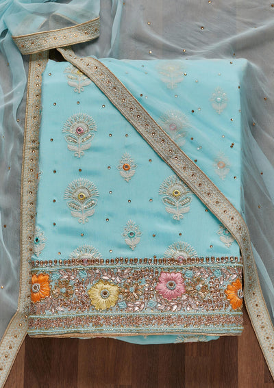 Sky Blue Cutdana Georgette Unstitched Salwar Suit - Koskii