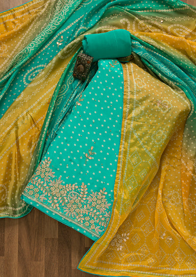 Sky Blue Gotapatti Semi Crepe Unstitched Salwar Suit-Koskii
