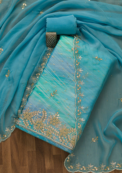 Sky Blue Gotapatti Organza Unstitched Salwar Suit-Koskii