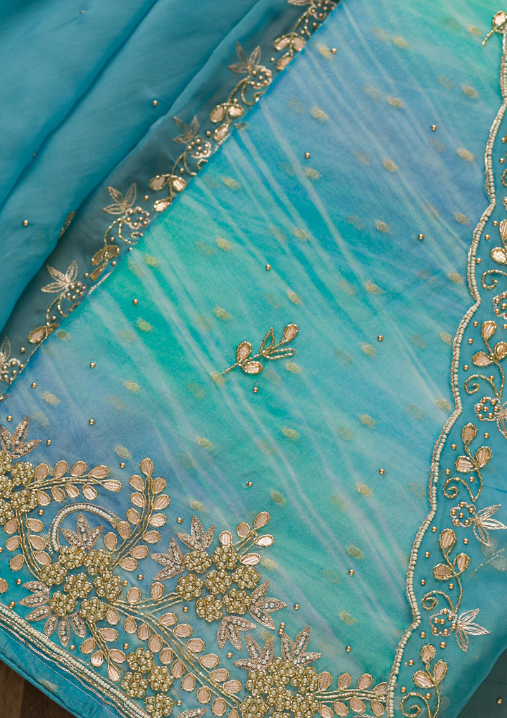 Sky Blue Gotapatti Organza Unstitched Salwar Suit-Koskii