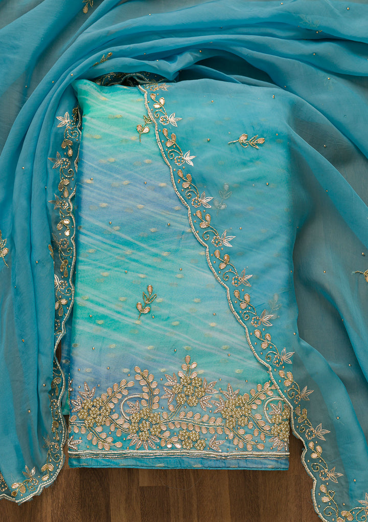 Sky Blue Gotapatti Organza Unstitched Salwar Suit-Koskii