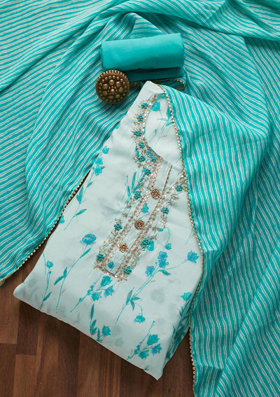 Sky Blue Mirrorwork Cotton  Semi-Stitched Salwar Suit- Koskii