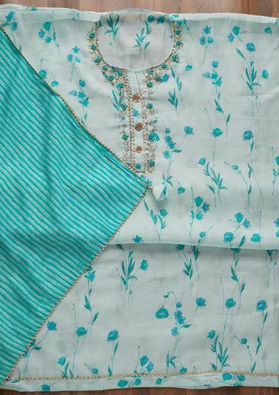 Sky Blue Mirrorwork Cotton  Semi-Stitched Salwar Suit - Koskii