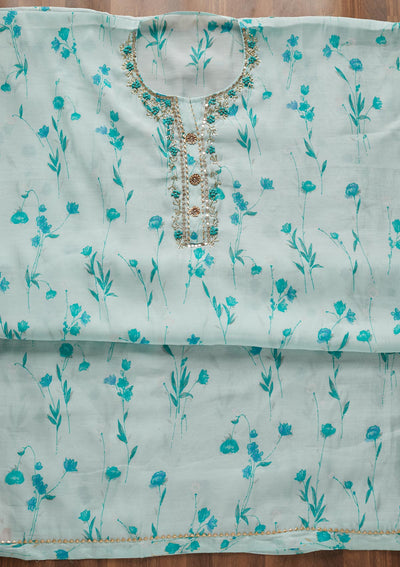 Sky Blue Mirrorwork Cotton  Semi-Stitched Salwar Suit - Koskii
