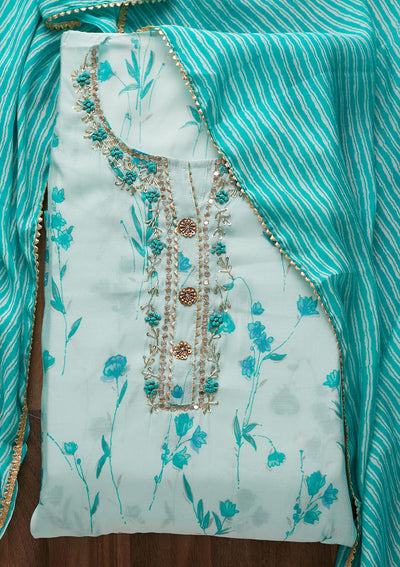 Sky Blue Mirrorwork Cotton  Semi-Stitched Salwar Suit - Koskii