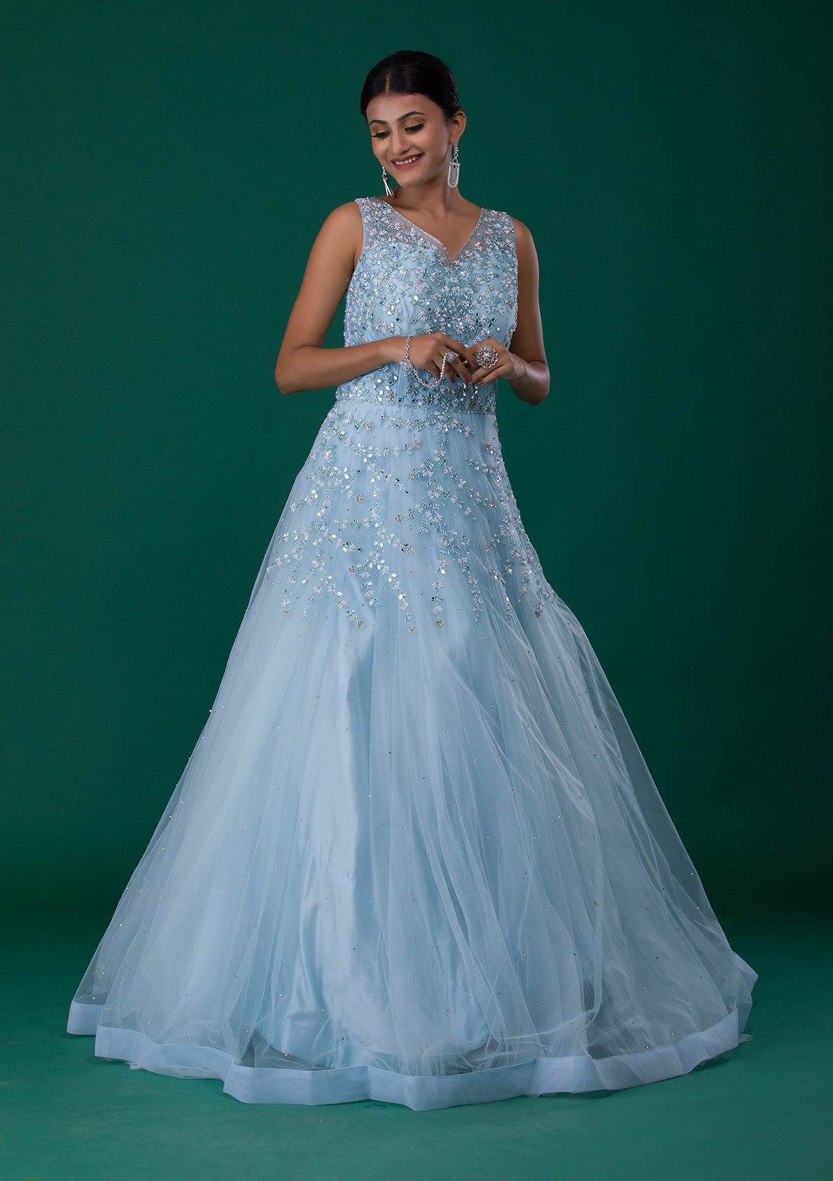 Dazzling Sequins Embellished Sky Blue Color Party Wear Gown