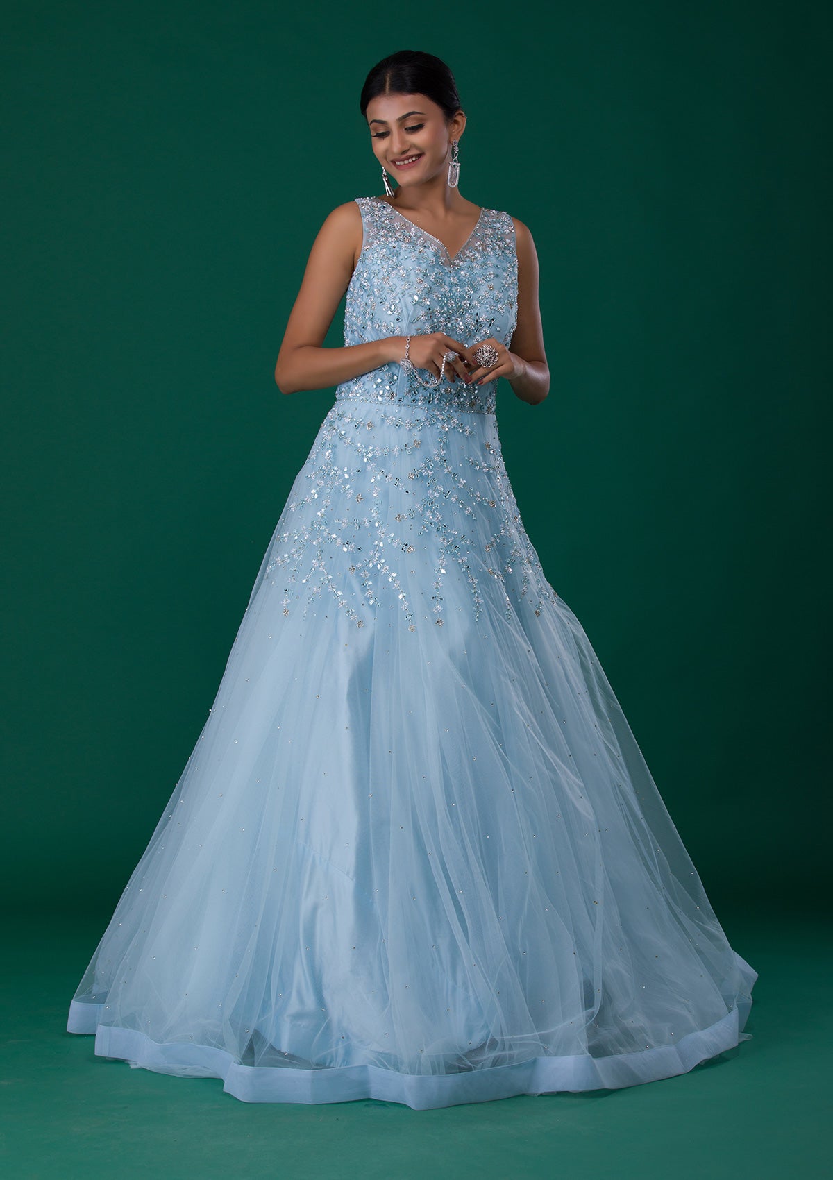 Elegant Sky Blue Sequins Lace Flower Prom Dresses 2022 Ball Gown  Off-The-Shoulder Sleeveless Backless Floor-Length / Long Prom Formal Dresses