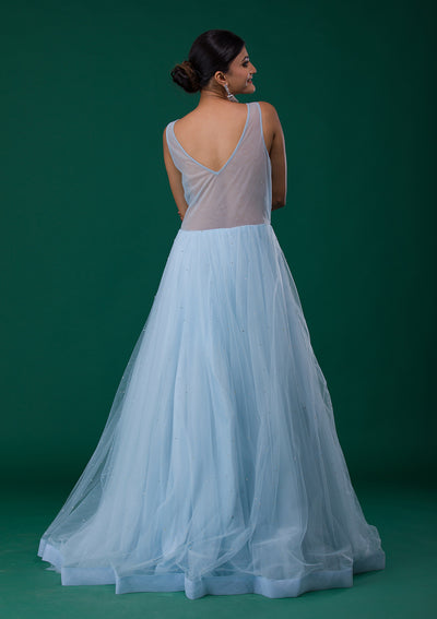 Sky Blue Mirrorwork Net Designer Gown-Koskii