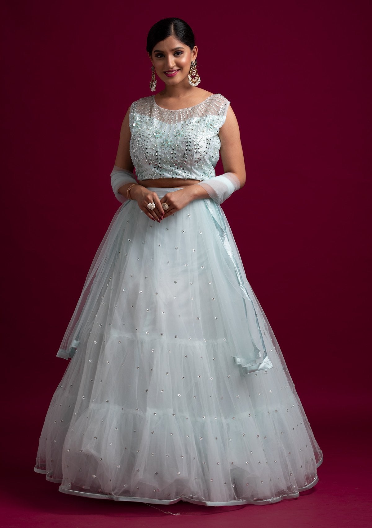 Sky Blue Mirrorwork Net Designer Lehenga - koskii