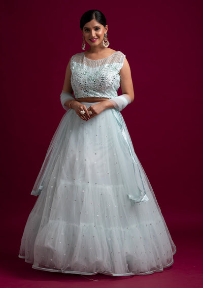 Sky Blue Mirrorwork Net Designer Lehenga - koskii