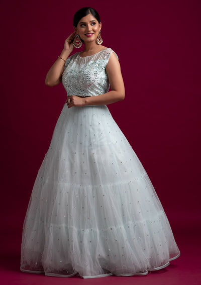 Sky Blue Mirrorwork Net Designer Lehenga - koskii